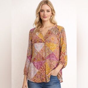 Rose & Olive Vibrant Patchwork Blouse size L